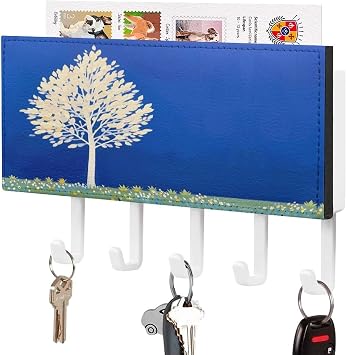White Tree Key Holder Wall Mount PU Leather Adhesive Key Rack with 5 Hooks Decorative Keys Storage Holder Mail Organizer Decor for Entryway Hallway Office Kitchen White