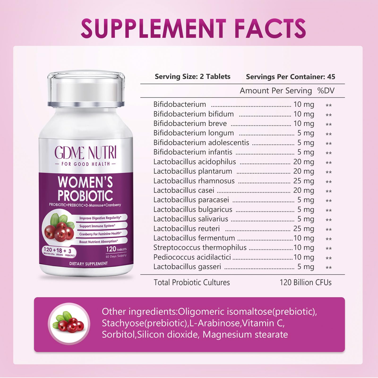 Women's Probiotics, 120 Tablets 120 Billion CFU 18 Strains, Contains Organic Prebiotic Cranberry, Probiotic Supplement for Digestion, Immunity, Women's Health, Soy Gluten Dairy Free — Amazon image 2