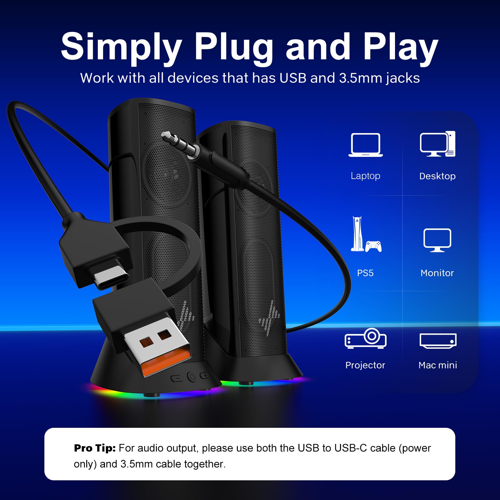 Nylavee Altoparlanti per computer – Altoparlanti stereo Hi-Fi per PC con 9 modalità di illuminazione LED, bassi e suoni migliorati, alimentati tramite USB/Type-C e altoparlanti da tavolo cablati audio