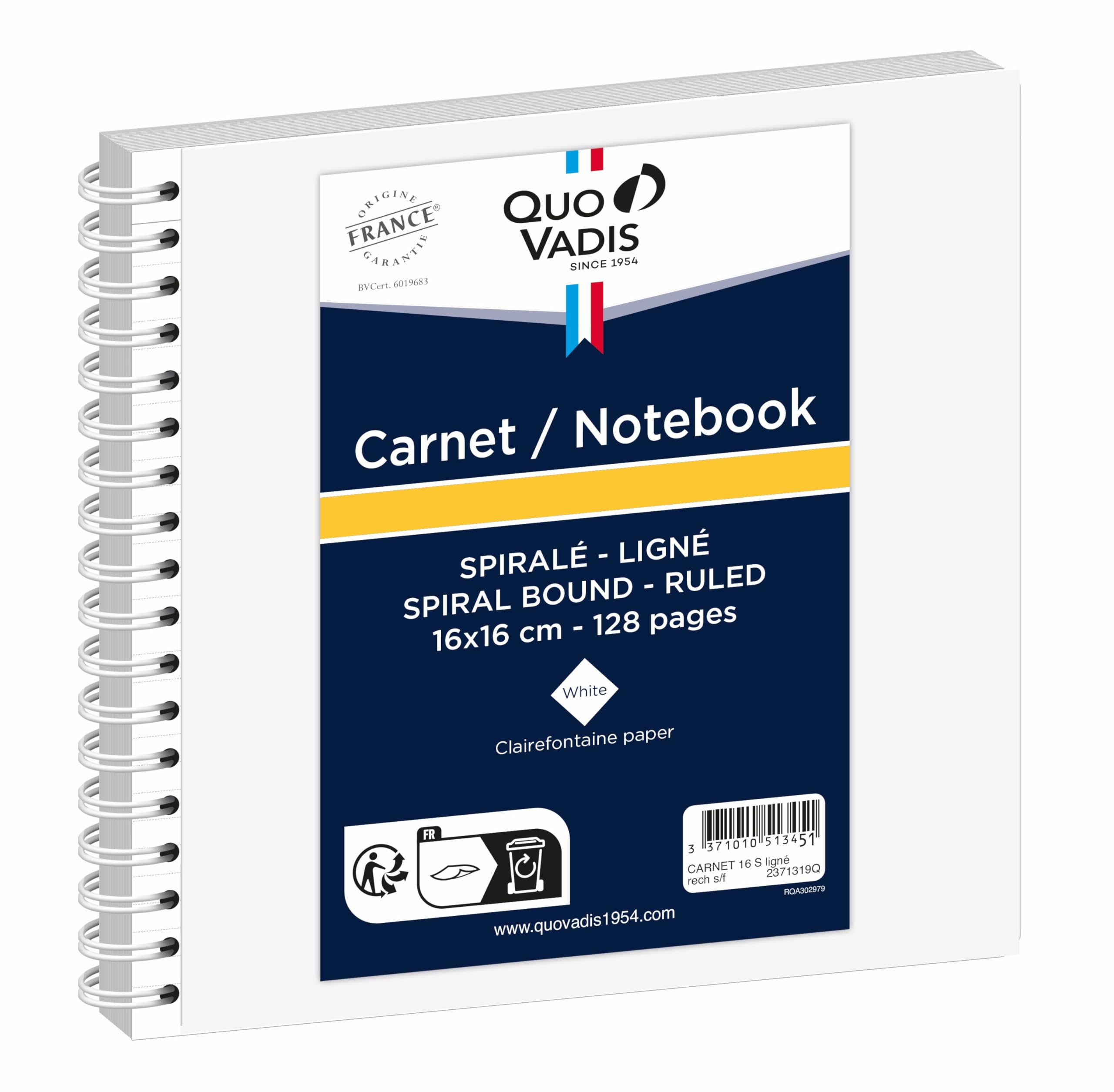QUO VADIS - Refill notebook - Spiral bound - Lined pages - 16 x 16 cm - Clairefontaine white paper - Made in France