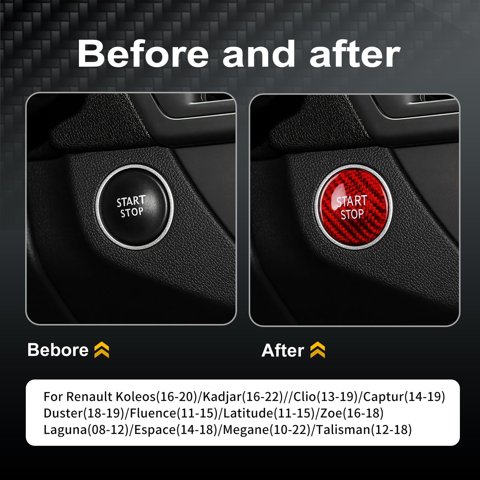 KUNGKIC Autocollant bouton interrupteur de démarrage/arrêt moteur allumage en fibre de carbone dur pour voiture Renault Fluence Megane Clio Koleos Duster Captur Latitude Zoe Talisman Kadjar