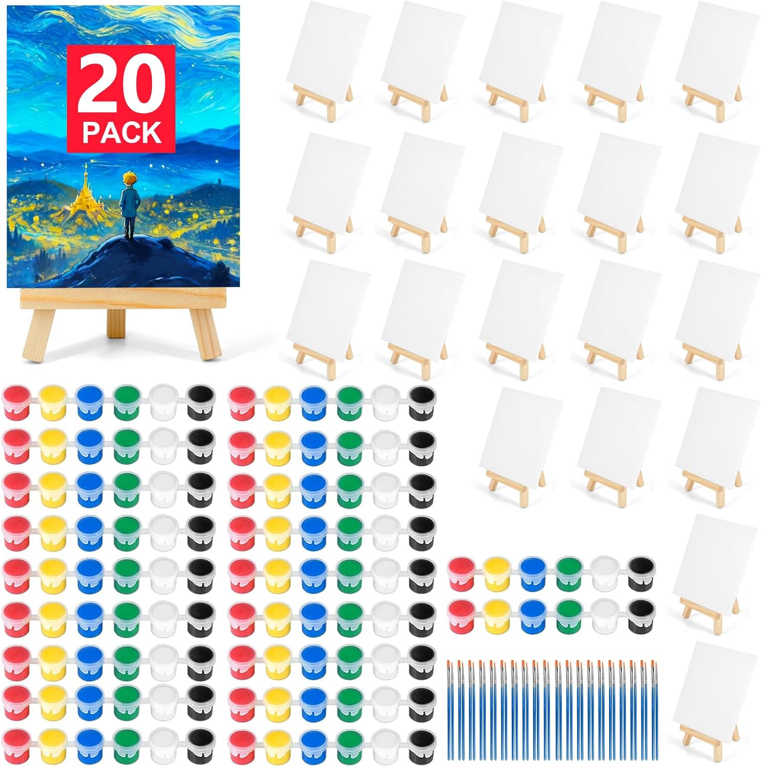 20 Pack 5x7In Canvas Boards for Painting, Mini Canvases with Easels Set, Drawing Kits for Adults & Kids Party with Acrylic Paint, Canva, Easel, Brushes