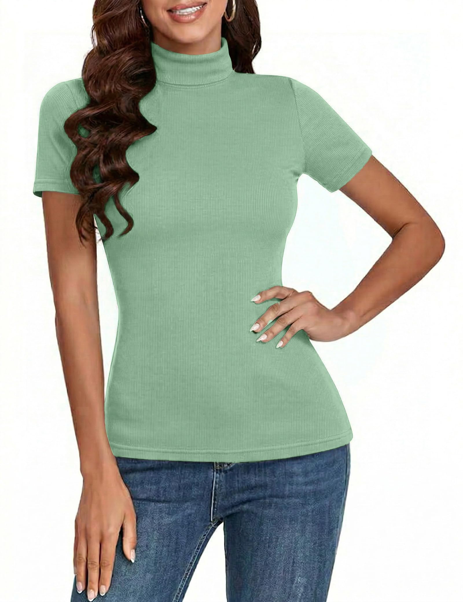 Totatuit Damen T-Shirt Kurzarm Gerippt Slim Fit Oberteile Elegant Basic Sommer Casual Stretch Tshirt mit Stehkragen Rollkragenshirt Tops S-XXL