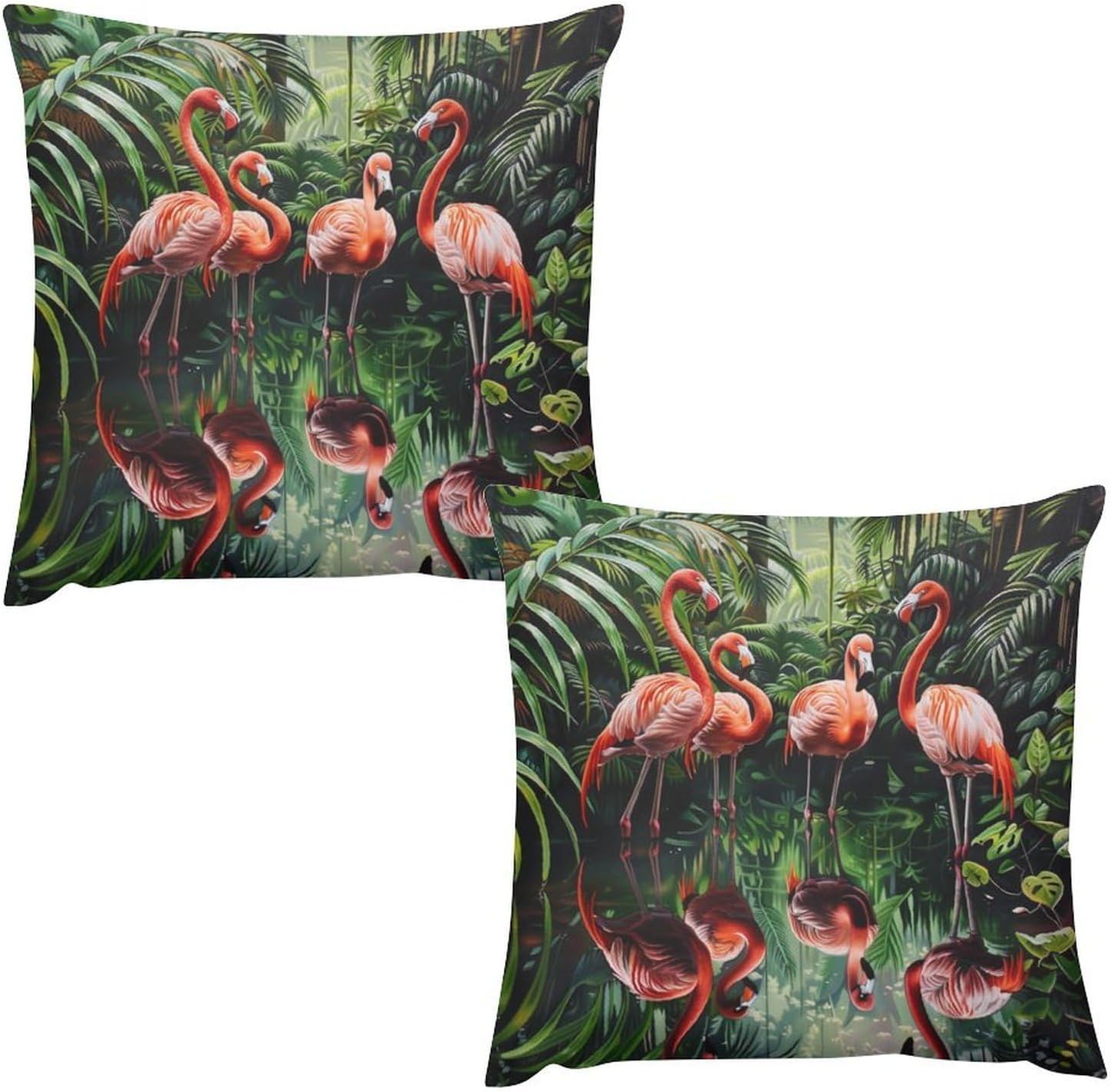 Pack of 2 Tropical Plant Throw Pillow Covers, Flamingo Palm Leaf Jungle Decorative Cushion Covers for Couch Sofa Bed Home Decor, 20x20 inch