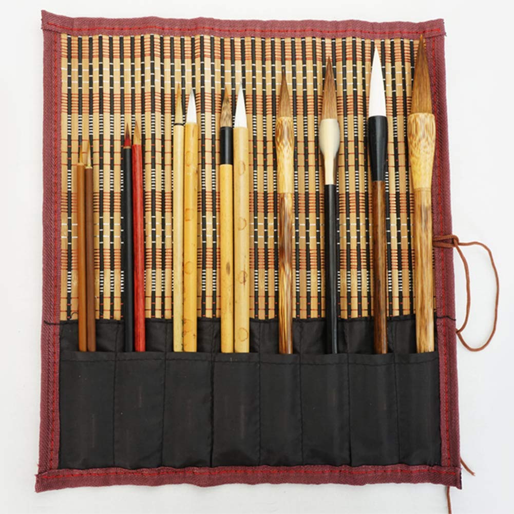 Pinceau de calligraphie chinoise authentique et son étui traditionnel en bambou de 12 pièces