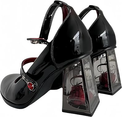 Womens Patent Leather Platform Mary Janes Dress Pumps Gothic Low Chunky Heel Shoes Sweet Lolita Closed Toe Ankle Adjustable Strap