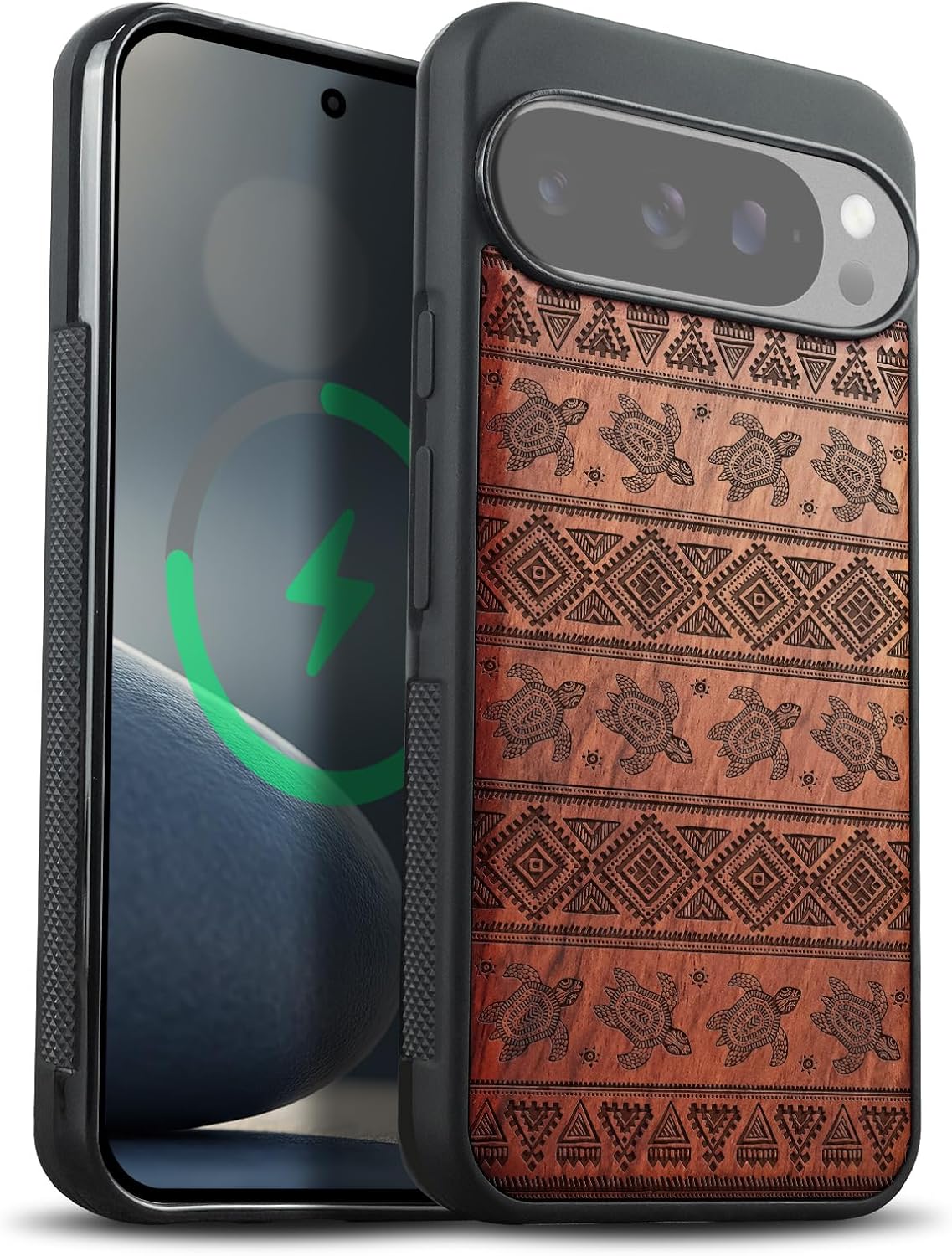 Carveit Magnetic Wooden Case for Google Pixel 10 Pro XL Case, Wood Artisan Engraved & Soft TPU Shockproof Cover, Compatible with MagSafe Wireless Chargers (Aztec Sea Turtle) Rosy