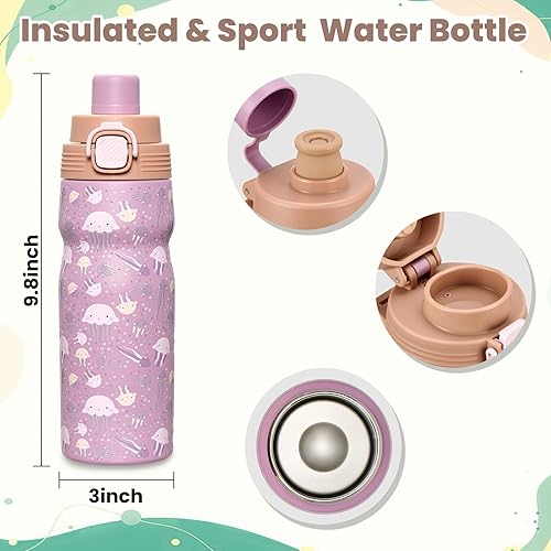 Miniatura 6 de PIQUEBAR Botella de agua aislada para niños de 17 onzas y botella de agua deportiva de 24 onzas, botellas de agua de metal al vacío de acero