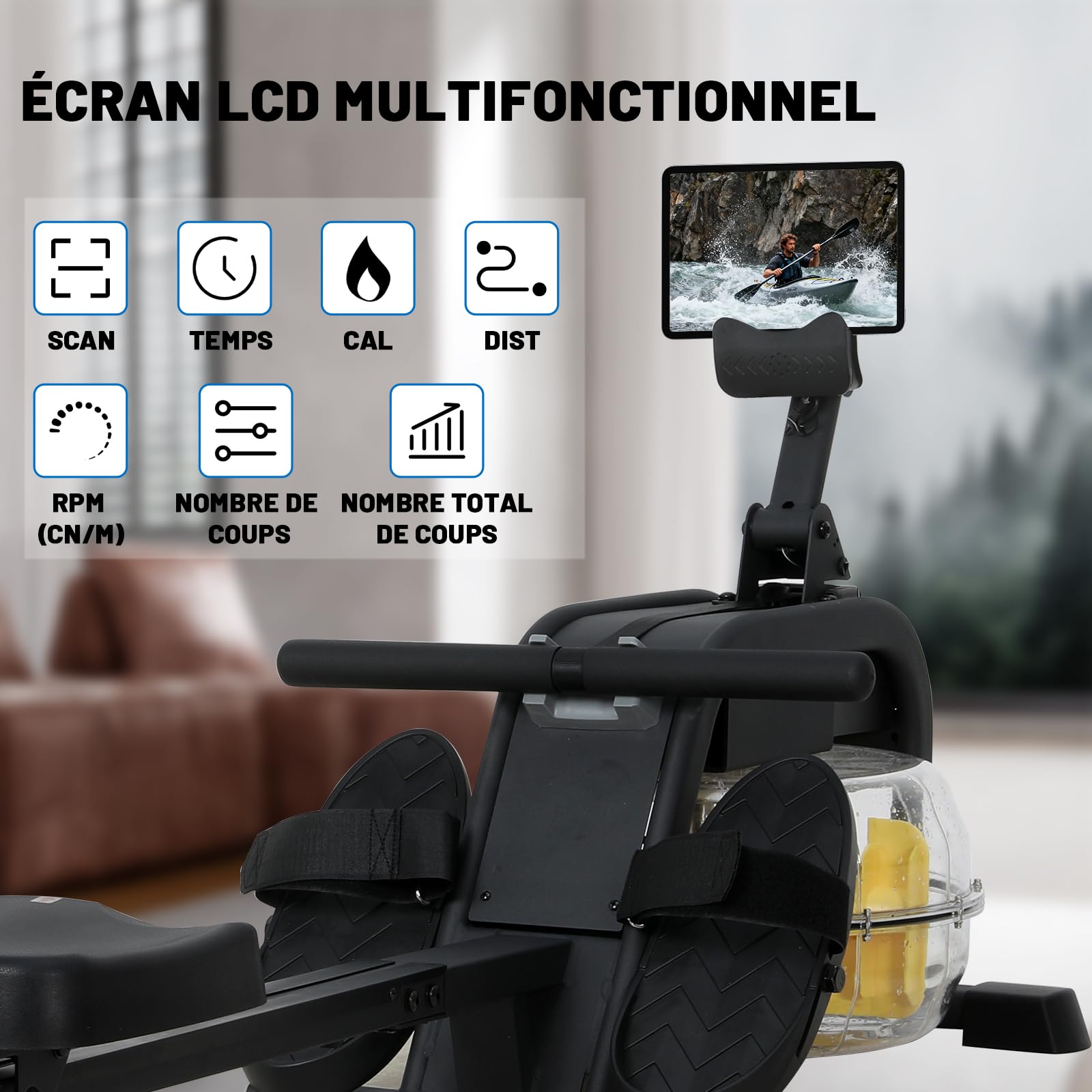 Rameur Eau d'Appartement Musculation avec Résistance Réglable, Multifonction Écran LCD, Support Tablette, Rameur a Eau Rails Lisses/Siège Confortable, Rameurs Ergonomie Capacité 135KG, Noir