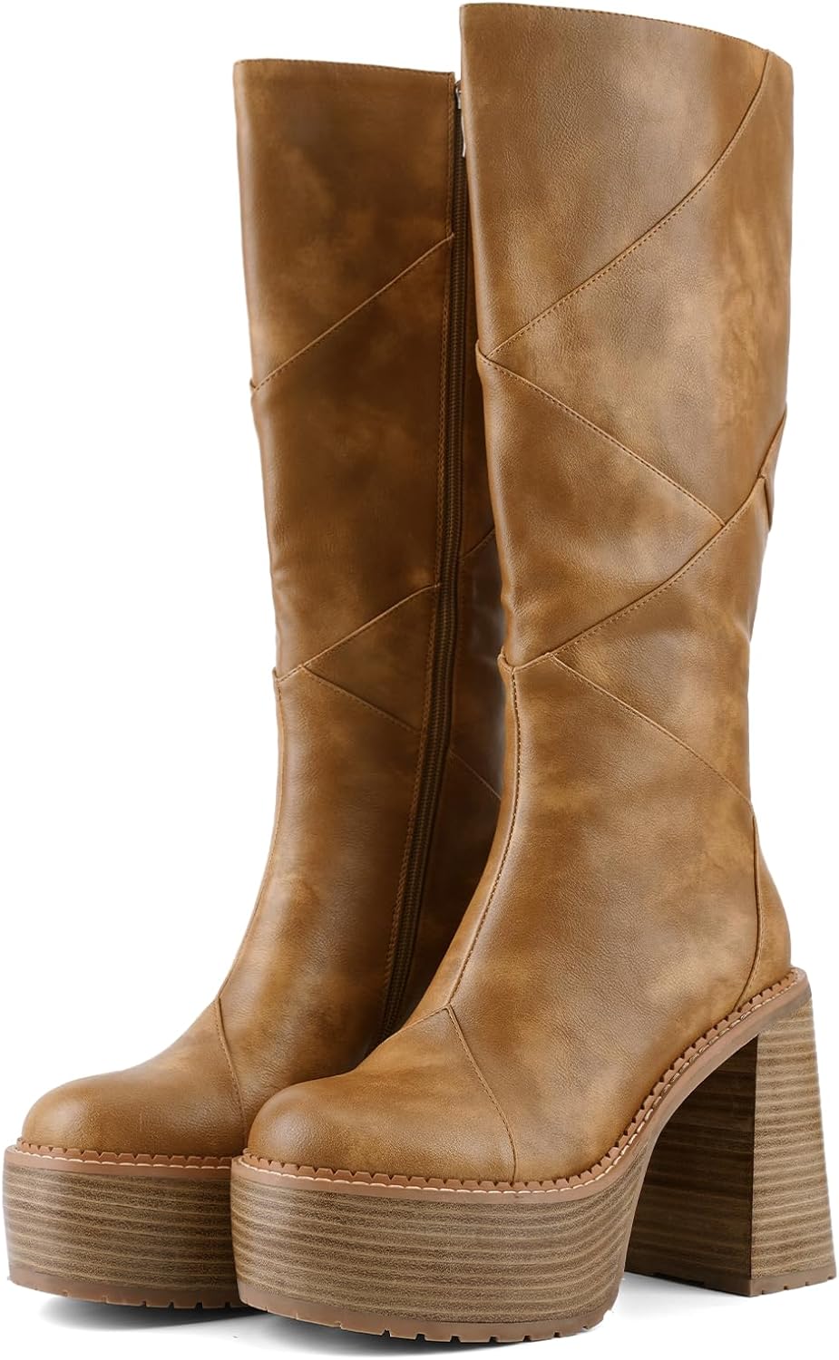 QIV Knee High Platform for Women Chunky Round Toe High Heel Motorcycle Combat Punk Tall Boots with Side Zipper - Image 9