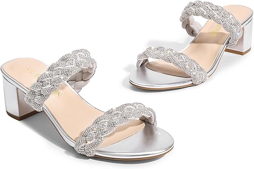 Miniatura 3 de DREAM PAIRS Zapatos de tacón bajo con dos correas trenzadas para mujer, puntera abierta, tacón grueso, sandalias de tacón grueso, para fiestas,