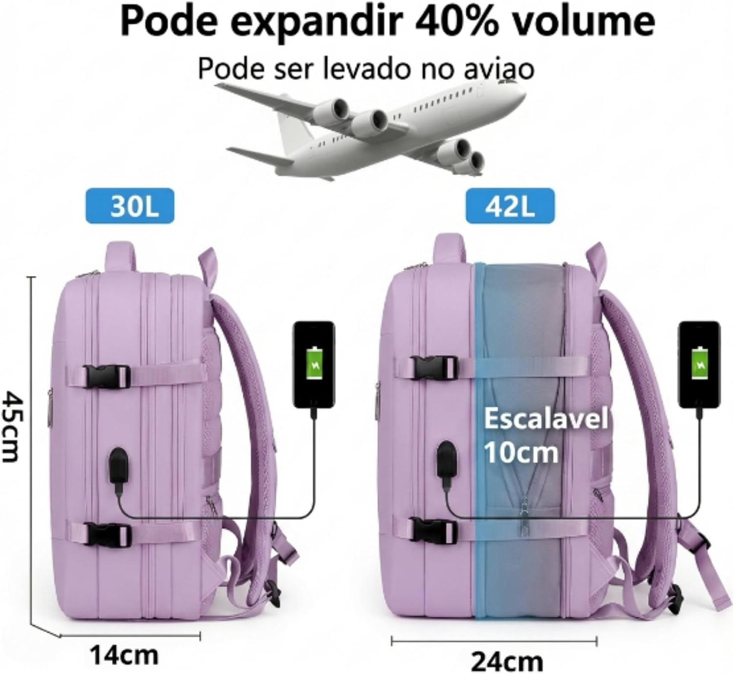 Mochila Viagem Avião Expansível 40L Impermeável Bagagem de Mão Premium Mochila Viagem Avião Expansível 40L Impermeável Bagagem de Mão Premium