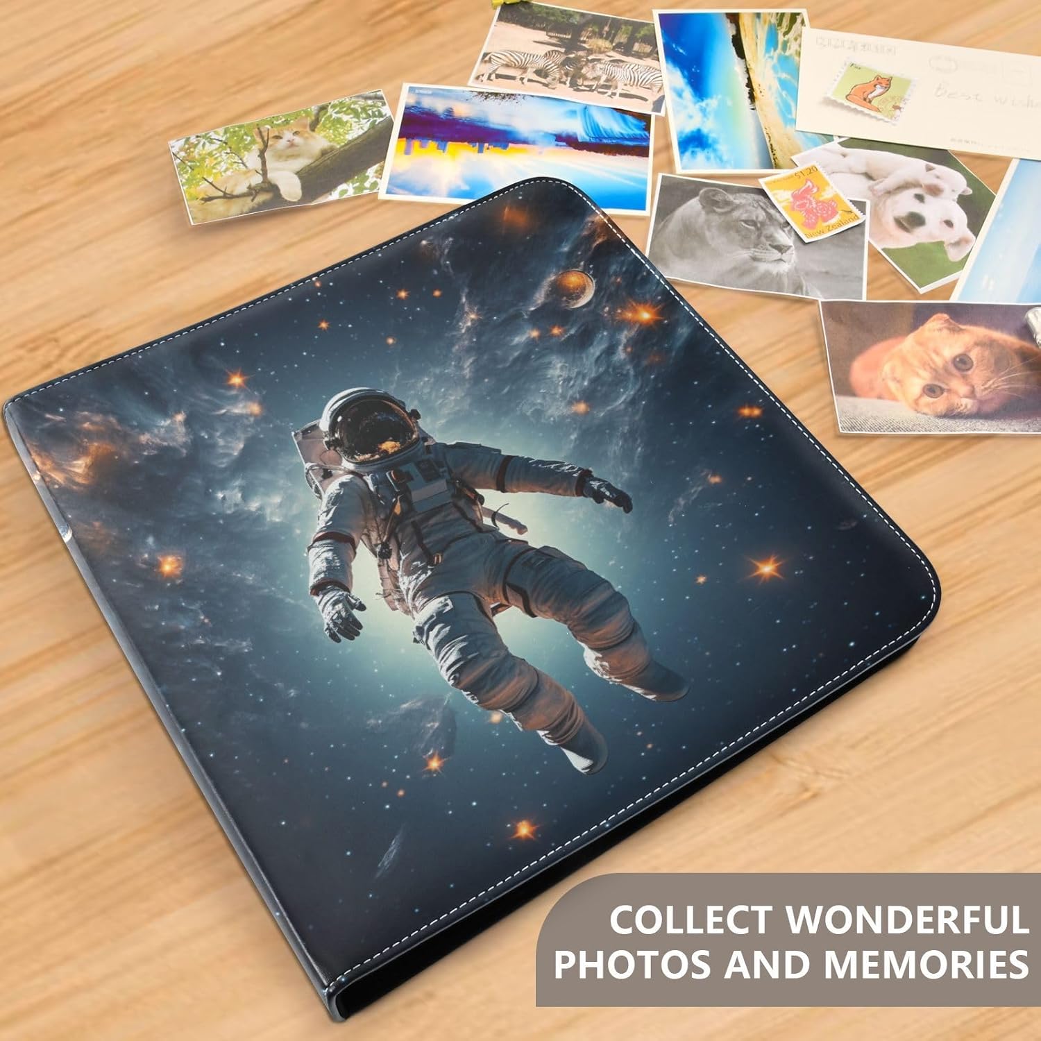JIPONI Astronaut Large Photo Album, DIY Leather Cover Scrapbook Albums for 4x6 5x7 6x8 Pictures, Self Adhesive Memory Book for Wedding, Baby, Family