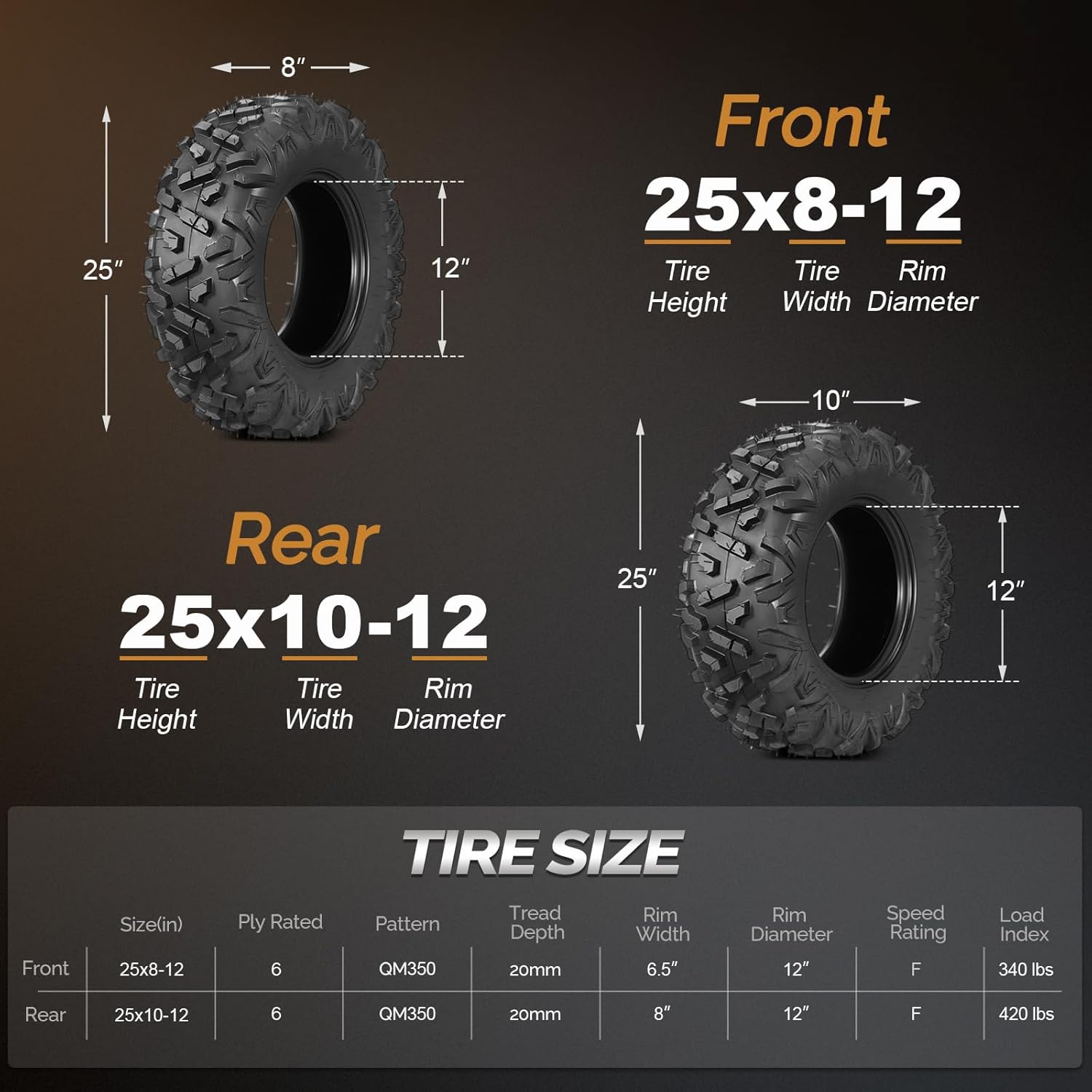 TUFFIOM Set of 4 ATV UTV All-terrain Tires 25x8-12 Front & 25x10-12 Rear, 6 PR, Tubeless