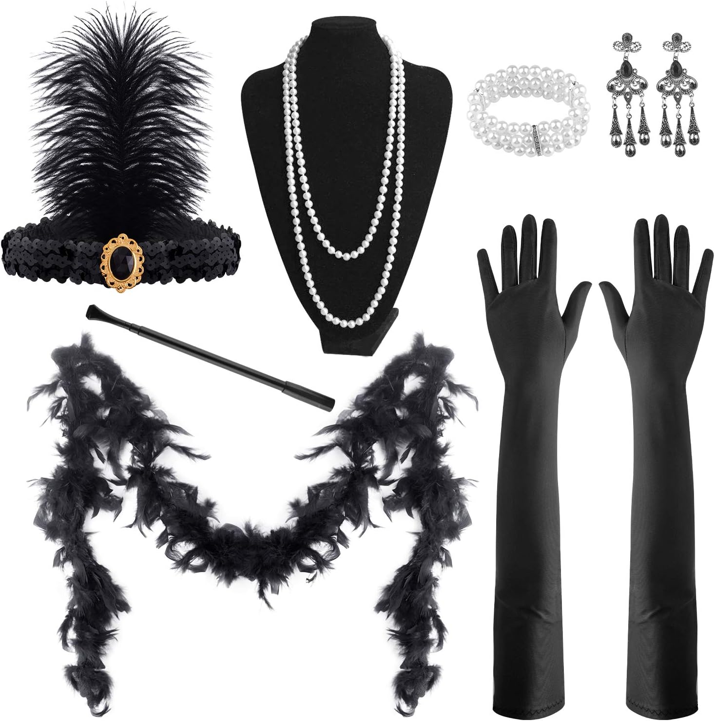 FEPITO 9 Pcs 1920s Accessories Set Flapper Headband Necklace Earrings Long Black Gloves Boa Theme Party Accessories for Women(Set G)
