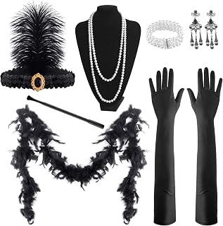 FEPITO Juego de Accesorios de Aleta de los años 20 de 9 Piezas, Diadema, Collar, Pendientes, Guantes Negros Largos, Accesorios de Fiesta temáticos Boa Great Gatsby para Mujeres (Juego G)