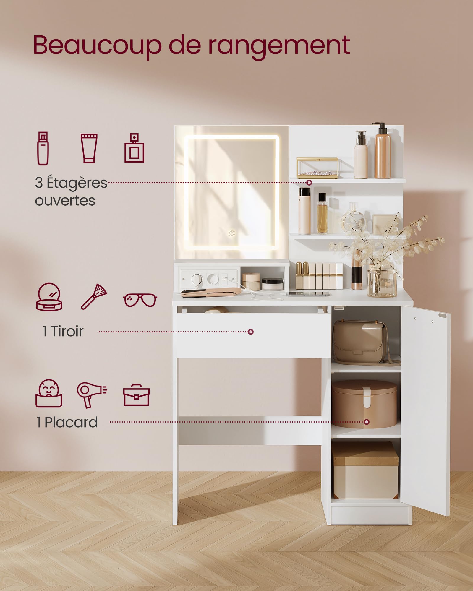 VASAGLE Kailyn Collection - Coiffeuse avec Miroir LED et Tabouret, avec Multiprise, Compartiment avec 2 Étagères Réglables, 1 Tiroir, 2 Étagères, Coin Beauté, Moderne, Blanc RDT738W01