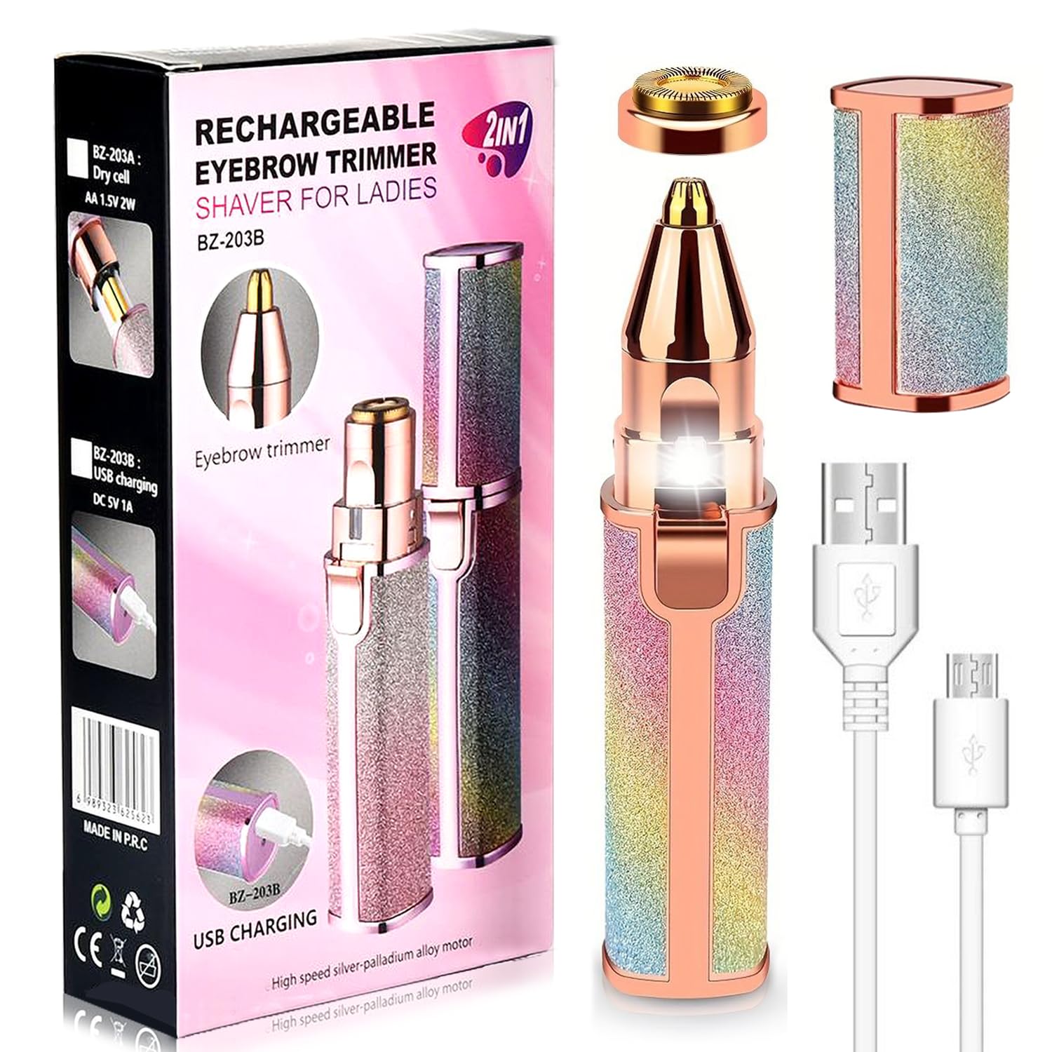 2 in 1 Facial Hair Remover & Eyebrow Trimmer for Women - Rechargeable Electric Trimmer with LED Light, IPX6 Waterproof Painless Flawless Hair Remover, Portable Facial and Eyebrow Trimmer