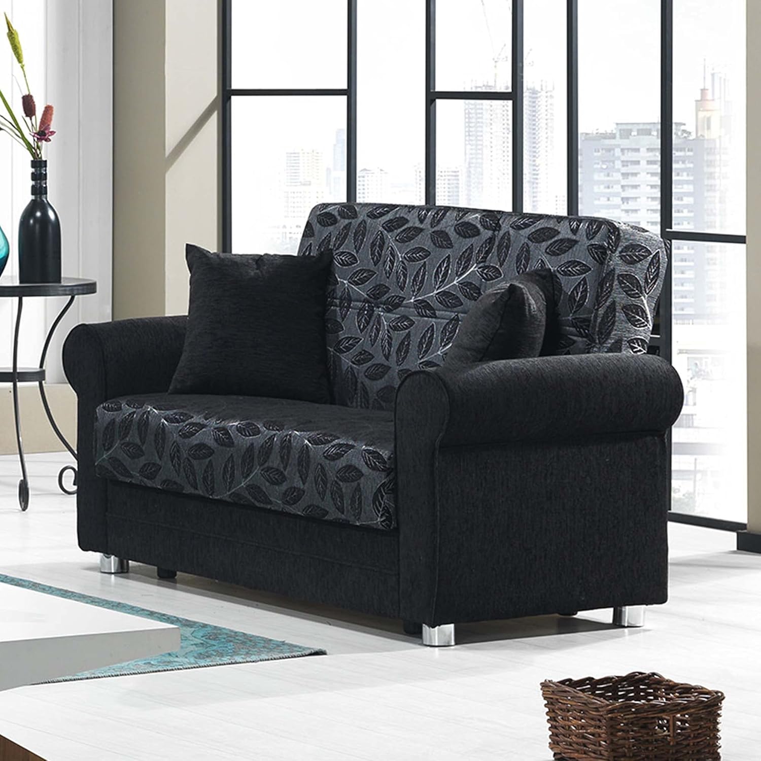 Ottomanson Convertible Loveseat Futon Couch with Hidden Storage & Click-Clack Sleeper Mechanism – Firm Support Sleeper Loveseat for Living Room, Apartment & Guest Room, Black