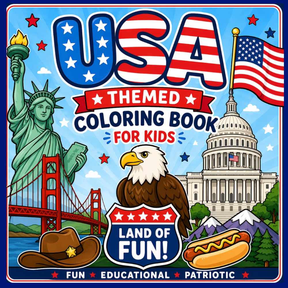 USA Coloring Book for Kids: Fun, Educational & Patriotic Activities: A Fun and Educational Coloring Book with USA Landmarks, Symbols, Flags, and Patriotic Activities for Kids Ages 3–8