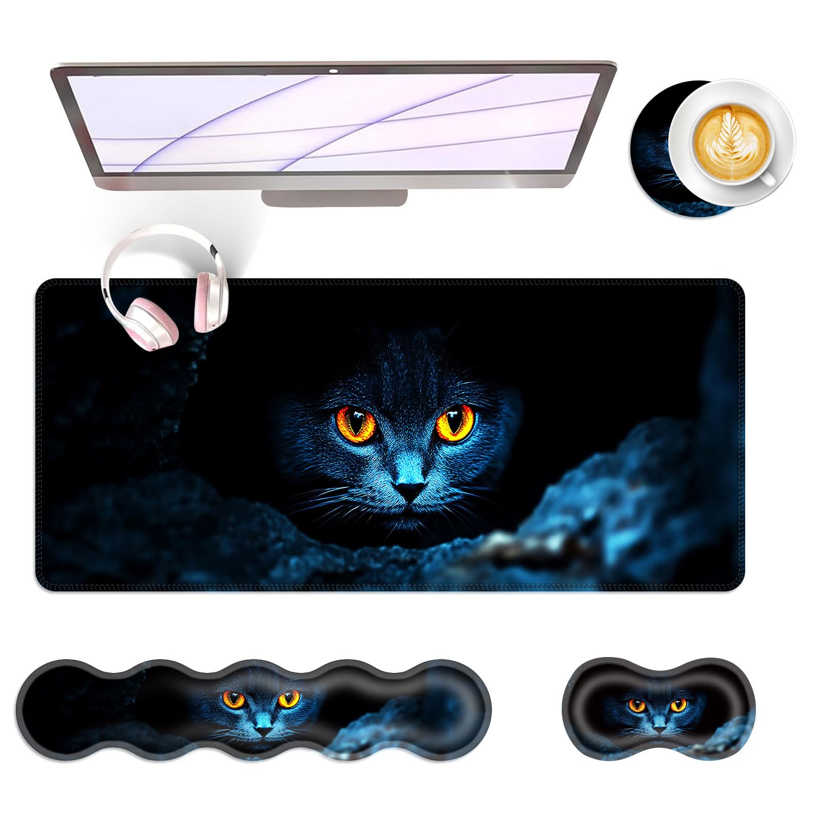 BFUKVOU Large Keyboard Mouse Pad Set, Extended Mouse Pad+Keyboard Wrist Rest Support, Memory Foam Ergonomic Easy Typing, 4Pcs (31.5×11.8 in) Desk Pad