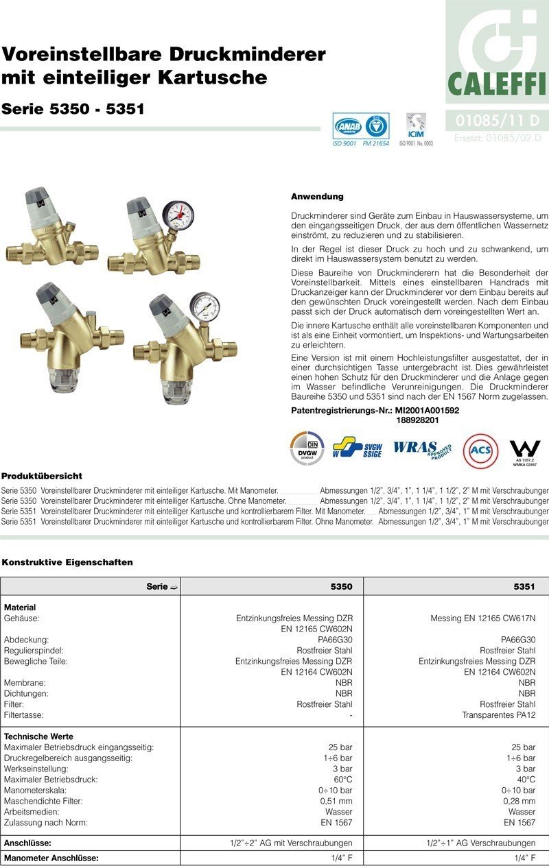 Caleffi Wasserdruckminderer 1 Zoll DN25 mit Wasserfilter Hausanschluss Druckreduzierer Filter Druckminderer für Wasser Hausanlage