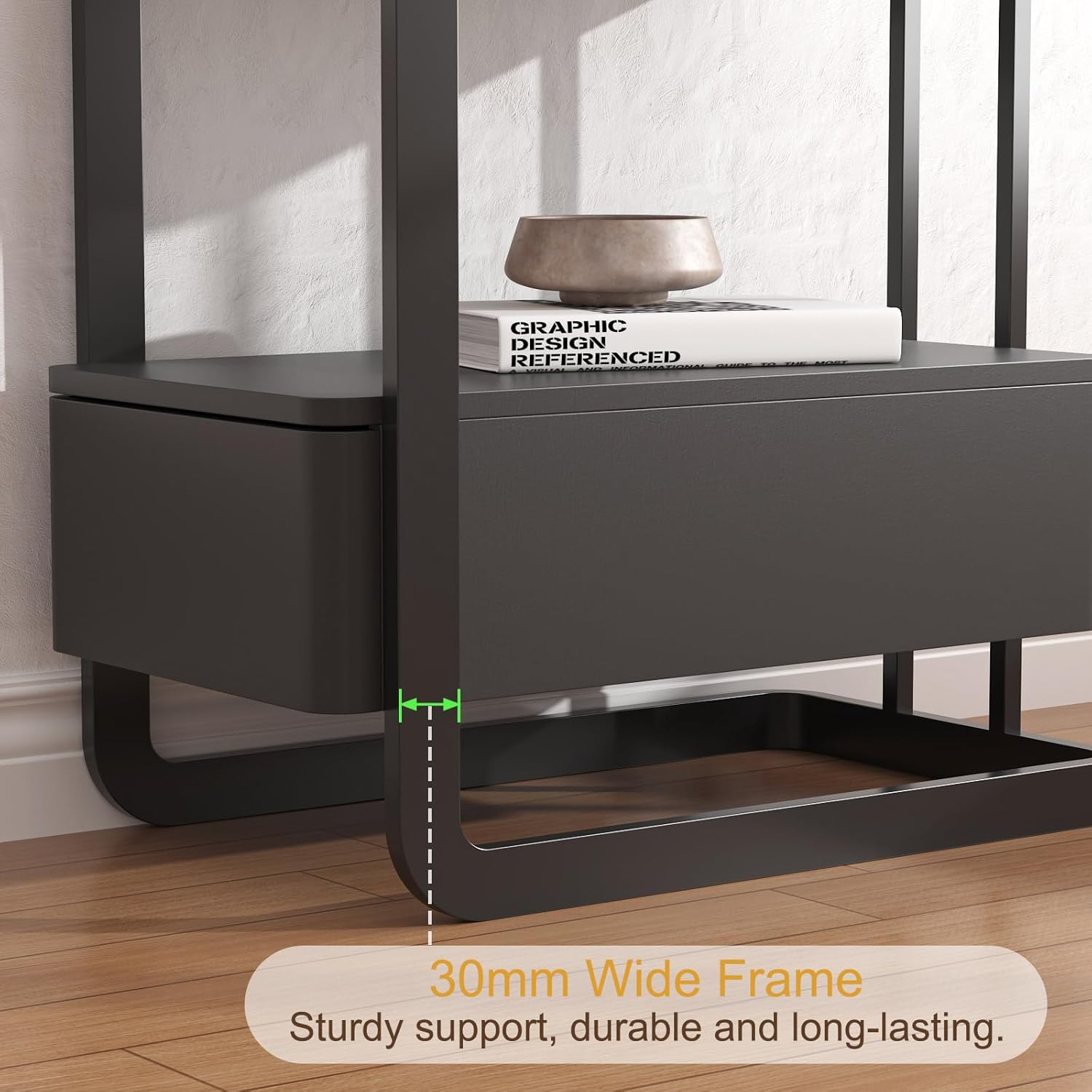 Narrow Side Table, End Table with Drawer& Storage Shelves, Modern Sofa Couch Table Curved Bedside Table for Living Room Bedroom, Narrow Nightstand with Thickening Iron Shelves for Small Space, Black