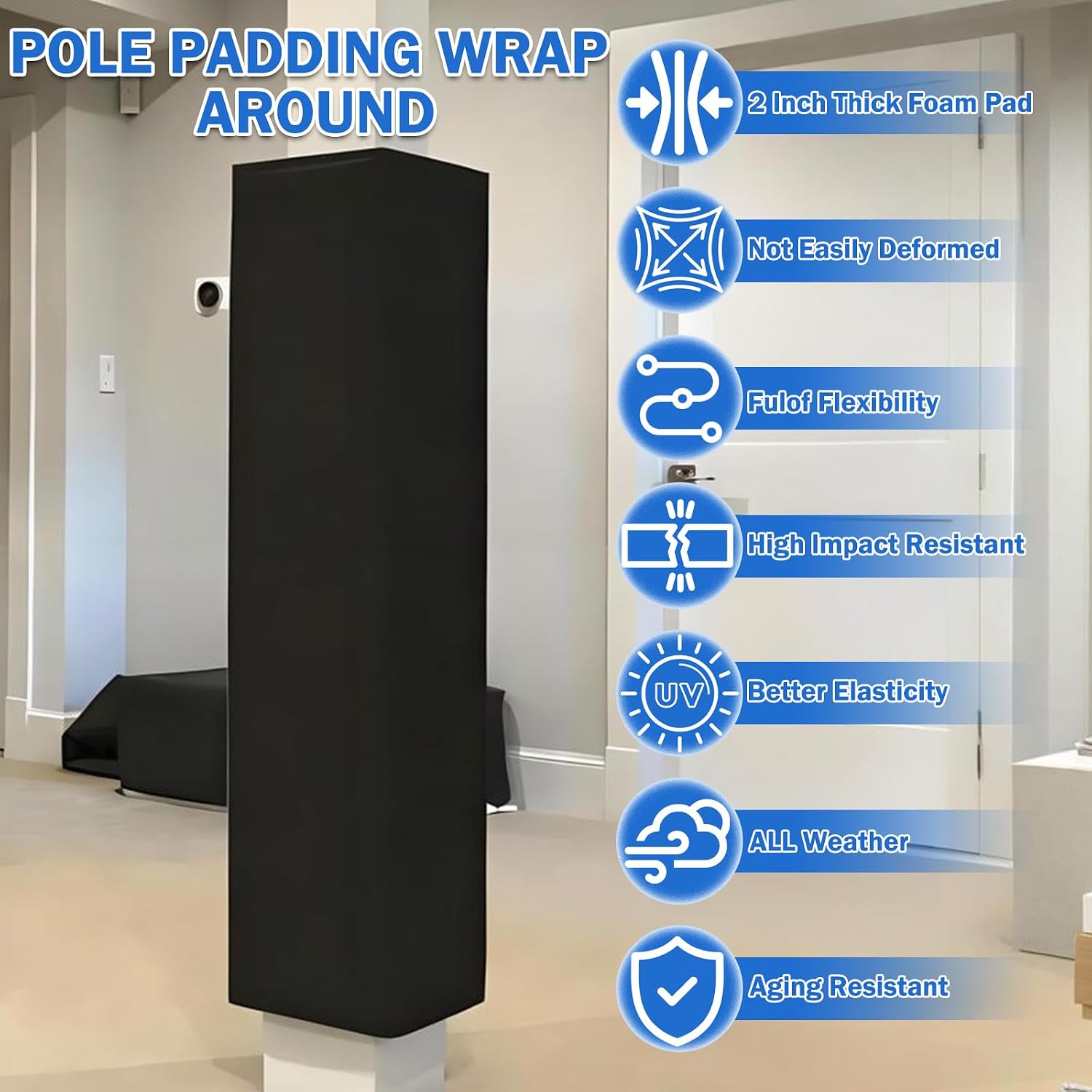 6ft Tall Basketball Pole Pad, Wrap Around All-Weather Durable Uv-Resistant Waterproof Square Basketball Pole Padding for Player Protection and Safety 2x2in
