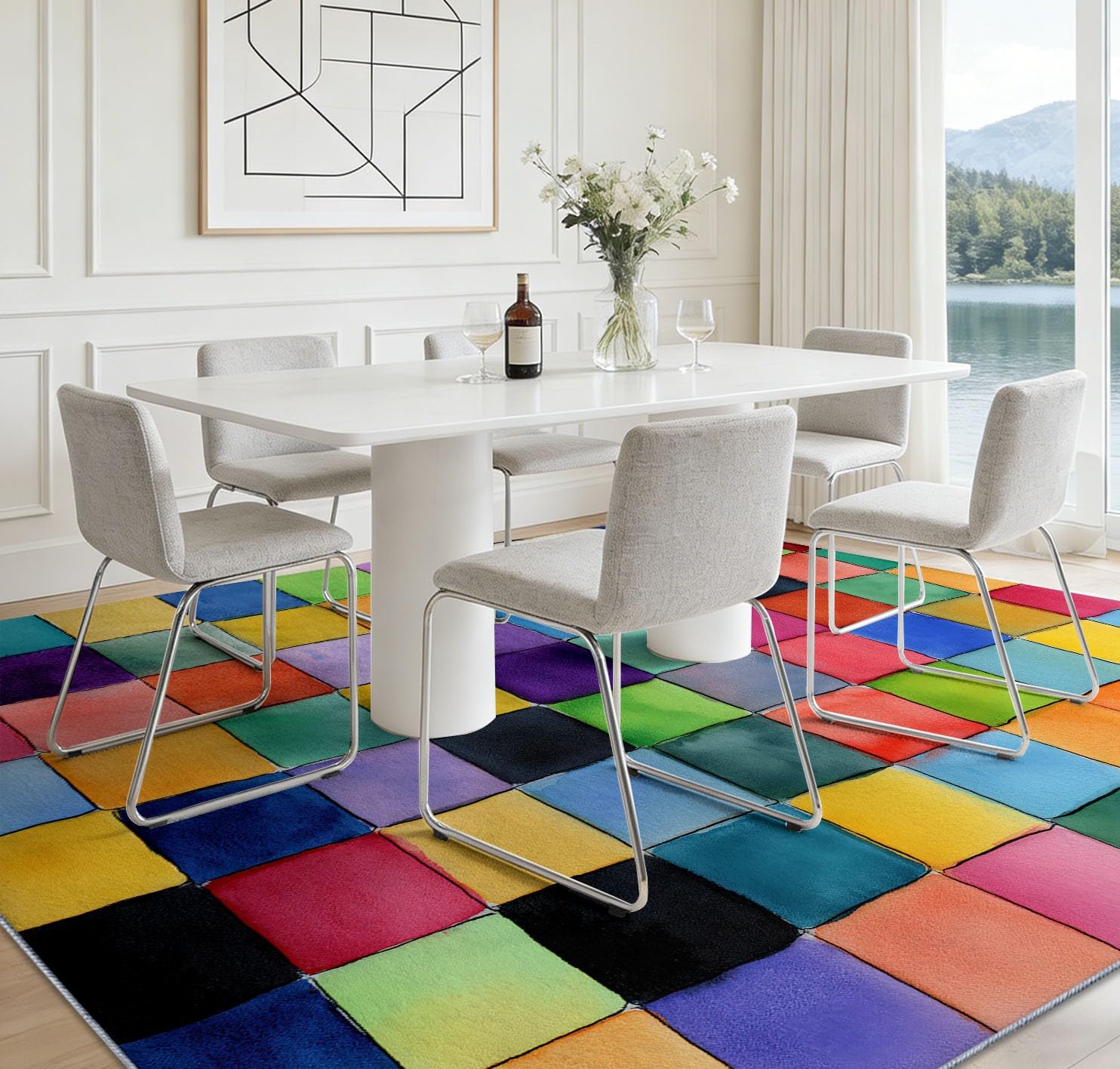 Dywan do salonu 120 x 170 cm kolorowe klocki geometryczne, obraz akwarelowy miękki i antypoślizgowy dywan do sypialni - wewnętrzny dywan z krótkim włosiem do salonu pokój dziecięcy biuro