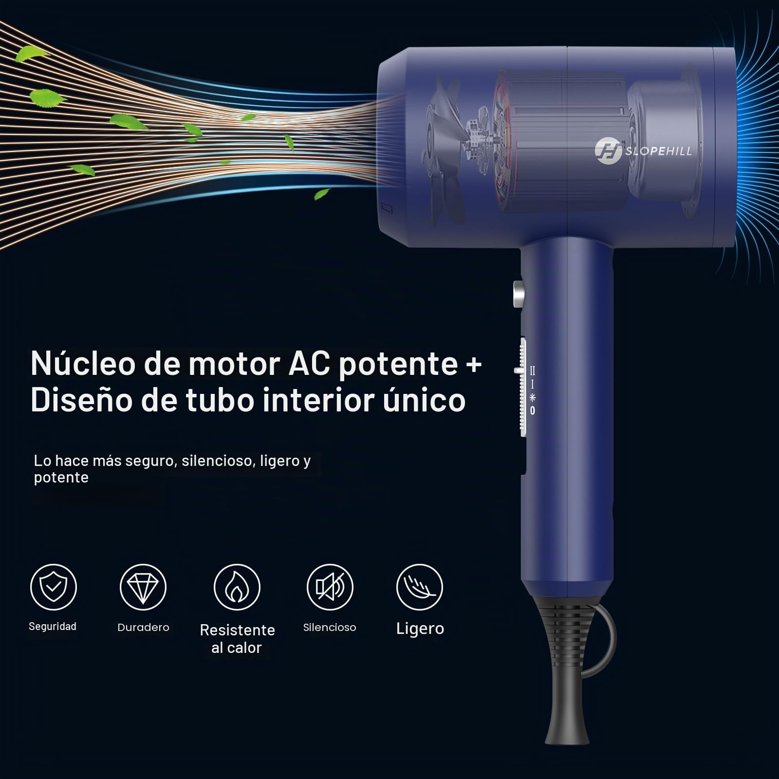 Slopehill secador de pelo ionico,secador pelo profesional Motor AC 1800W, Rápido Secado Cabello, 3 Temperaturas 2 Velocidades, Botón Aire Frío, 2 Concentradores y 1 Difusor (Azul oscuro)