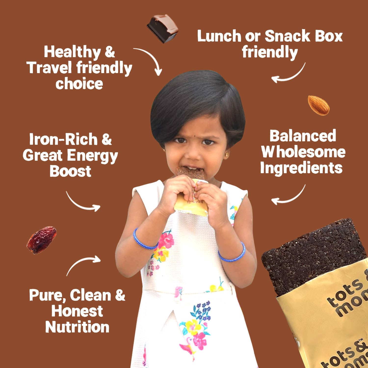 Tots & Moms Kids-Friendly Protein Bar – Choco & Dates (25g x 6) | 3.5g Protein per Bar | Antioxidant-Rich Cocoa & High-Fiber Oa — Amazon image 5