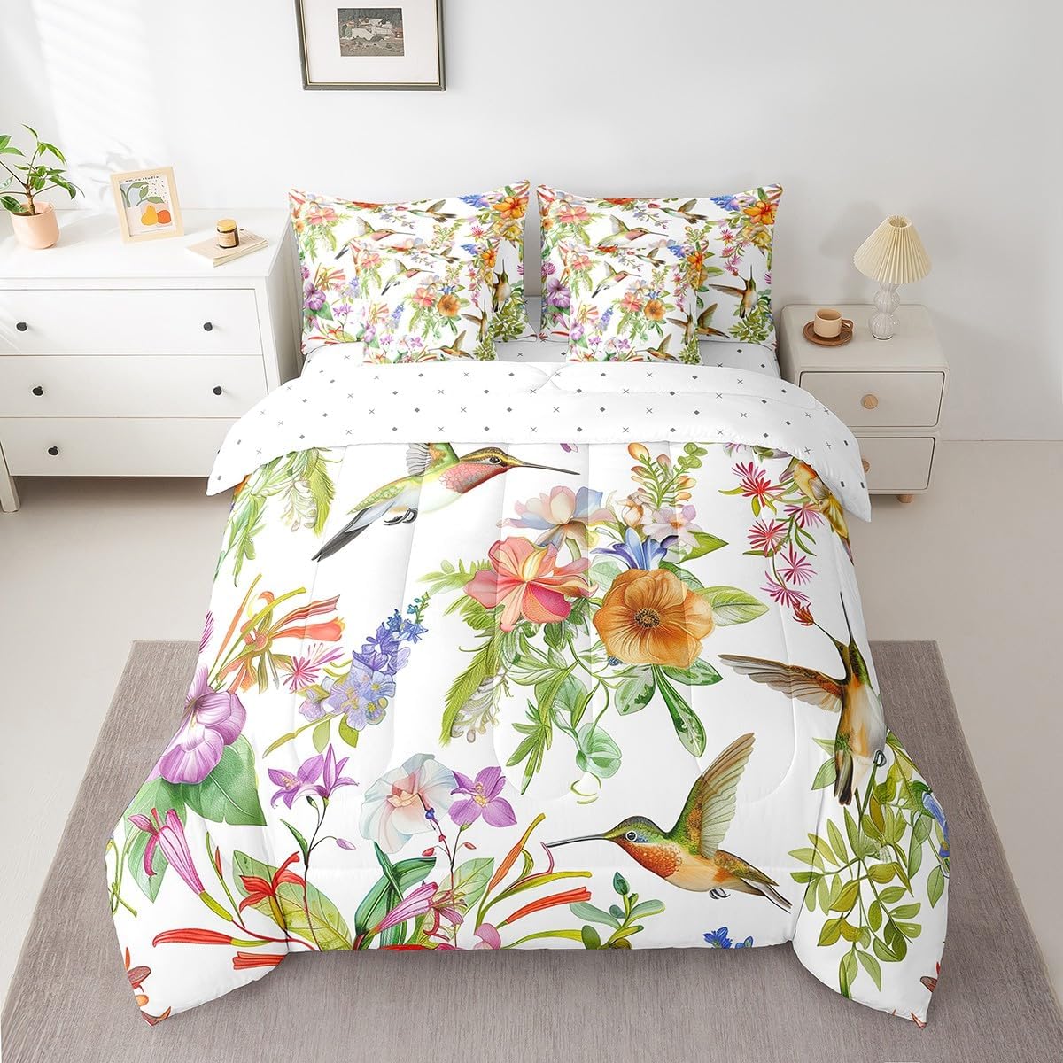 Erosebridal Hummingbird Bedding Sets Birds Floral Quilt with Flat Fitted Sheet 7 Piece Twin Spring Garden Botanical Flowers Bed in A Bag Wild Animals Natural Theme Comforter Set