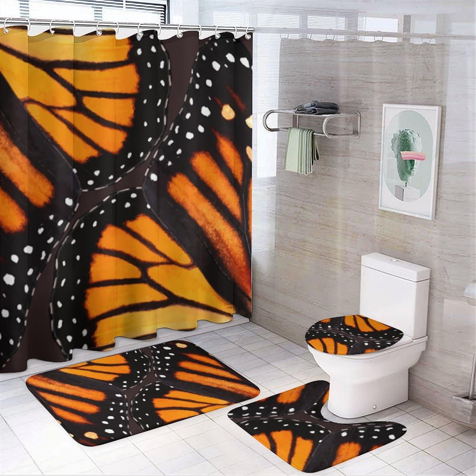 CGSBNGHA Orange Monarch Butterfly Wings Shower Curtain Set 4 Piece Bathroom Sets with Rugs Toilet Lid Cover And U-Shaped Floor Mat