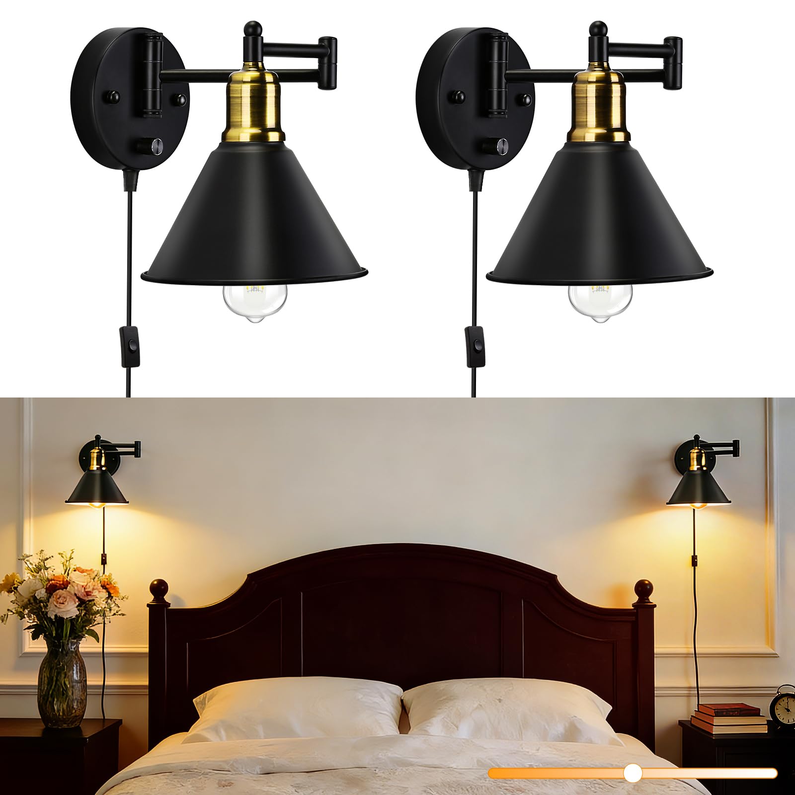 Lampop Black Plug in Wall Light with Switch, Dimmable Industrial Swing Arm Wall Lamp, 2 Pack E27 Wall Lights for Living Room, Bedroom (Bulb not Included)