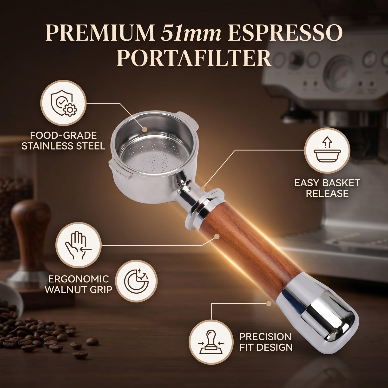 Portafiltro de 51 Mm con Cuerpo de Acero Inoxidable y de Madera de