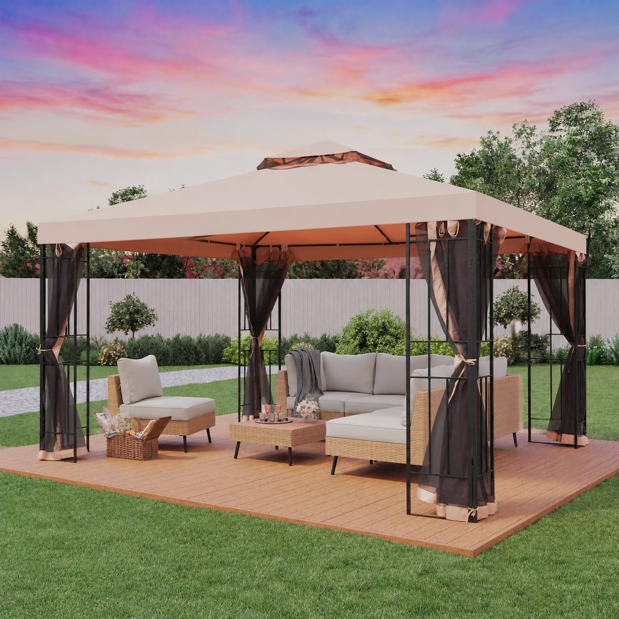 LAUSAINT HOME 10' x 10' Outdoor Patio Gazebo, Heavy-Duty Steel Frame Gazebo with Double-Tier Roof & Mosquito Netting, Party Tent Shelter for Backyard, Garden, Lawn, Khaki