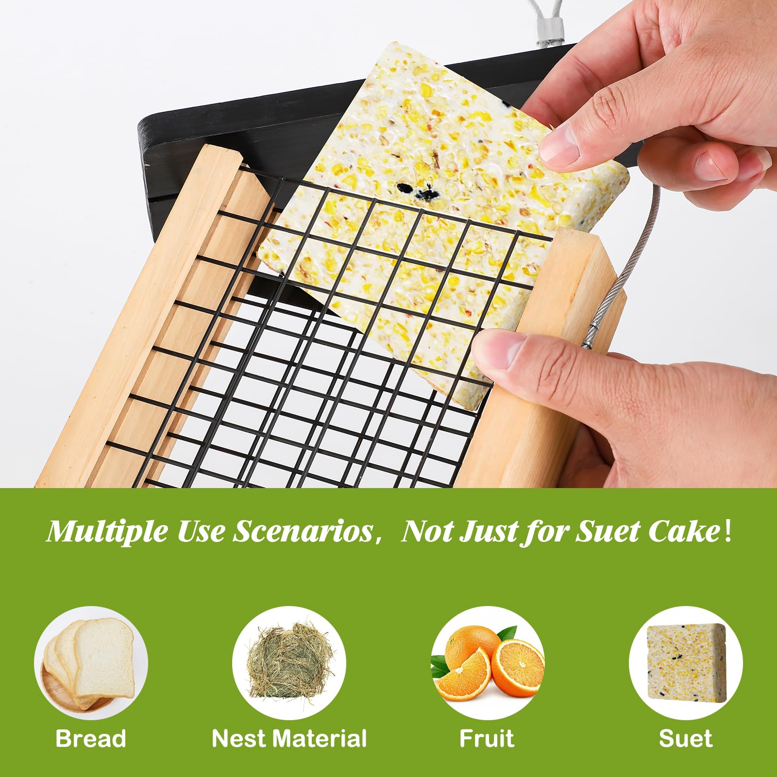 Gbekery Comedero de madera para pájaros para colgar en el exterior, comedero de sebo para pájaros carpinteros con accesorio de cola, comedero colgante para pájaros silvestres, 1 paquete, color negro