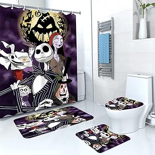 4Pcs Christmas Shower Curtain Sets Kids Bathroom Halloween Christmas Decor with 12 Curtain Hooks for Bathroom, Waterproof 71 x 71 inch (D00041)