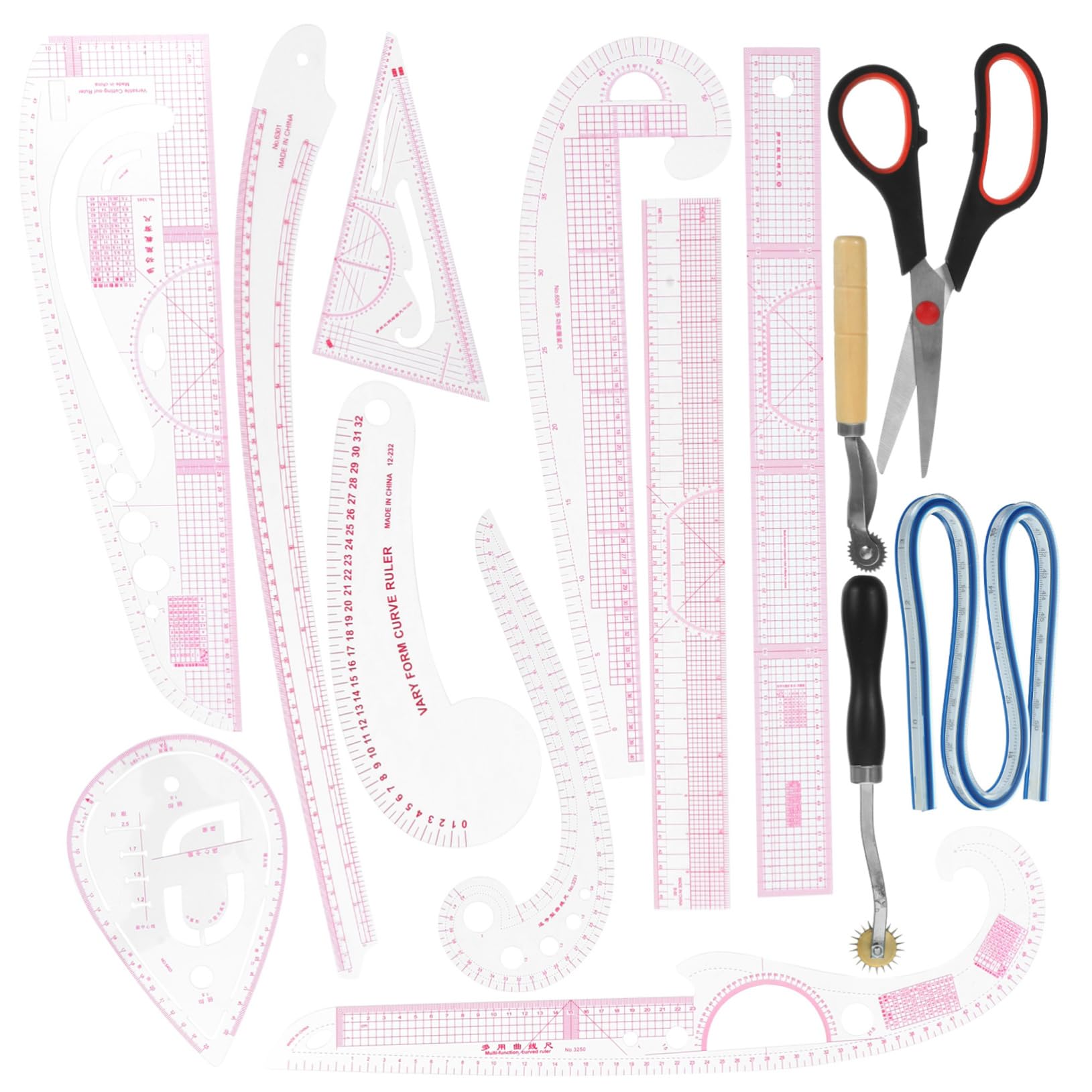jojofuny Lineal Vielseitiges Schnittmuster Lineal aus Pvc und Edelstahl 14 Stück Kurvenmuster zum Präzisen Nähen und Stoff Zuschneiden für Anfänger und Designer
