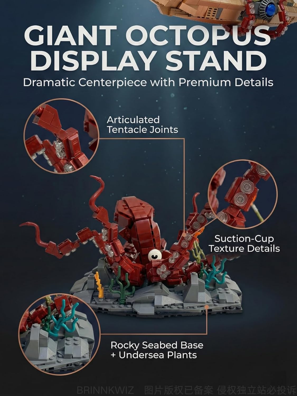 Steampunk Nautilus Submarine Building Set with Giant Octopus Display Stand, Retro Mechanical Undersea Adventure Model Kit for Adults, Desk Decor Compatible with Major Brick Brands