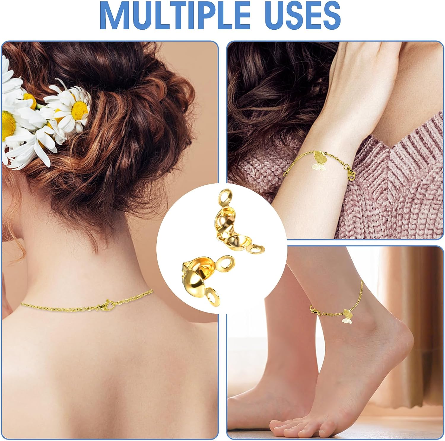 600 PCS Crimp Covers Gold Crimping Beads End Caps for DIY Bracelet Necklaces Jewelry Making, Clamshell Metal Plated Open Bead Tips Knot Covers Jewelry Making Accessories Bead Endcaps (Gold) - Image 4