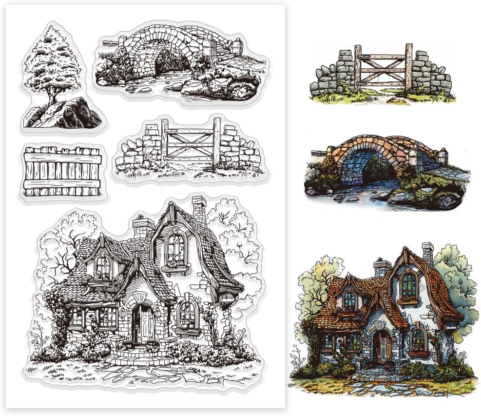 GLOBLELAND House Landscape Clear Stamps Wooden Fence Stone Bridge Tree Silicone Clear Stamp Seals Scenery Transparent Stamps for DIY Scrapbooking Cards Making Photo Album Journal