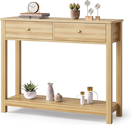Miniatura 15 de Gizoon - Mesa de consola con 2 cajones, mesa de entrada de 2 niveles de madera con estantes de almacenamiento, mesa de sofá de 39" de ancho con