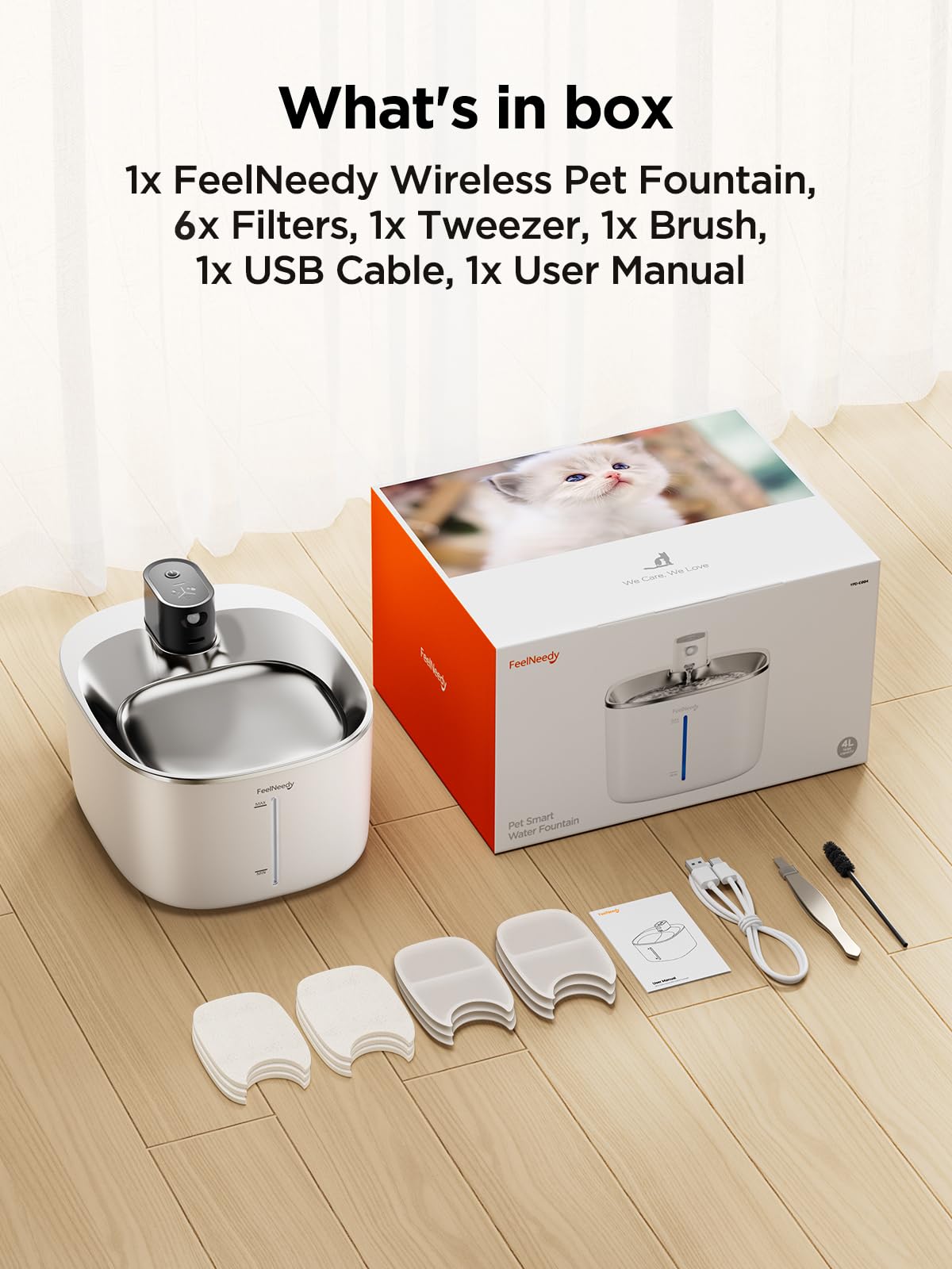 Fuente para Gatos Inalambrica con Sensor De Movimiento En Acero Inoxidable | FEELNEEDY 4L Bebedero Gatos Automatico Con Bateria Recargable 4000mah, Fuente Gato Silencioso, 6 Filtros+ 6 Esponjas, Blanca