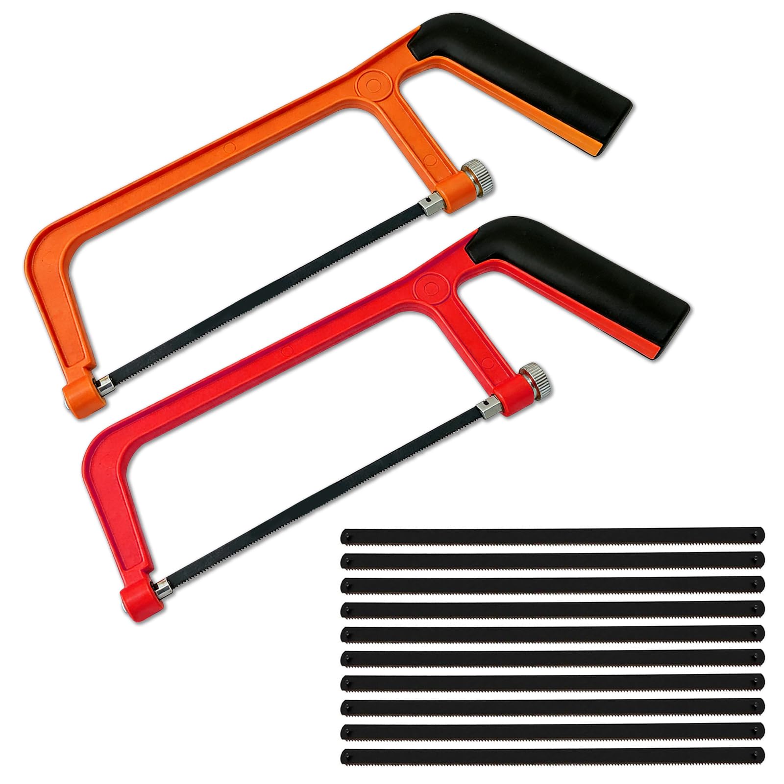 2pcs Thickened Junior Hacksaw for Metal Cutting, 6 in Mini Hacksaw and 10 Replaceable Manganese Steel Blade, Heavy Duty Adjustable Angle Metal Hand Saw for Wood PVC Shingles (Orange Red)