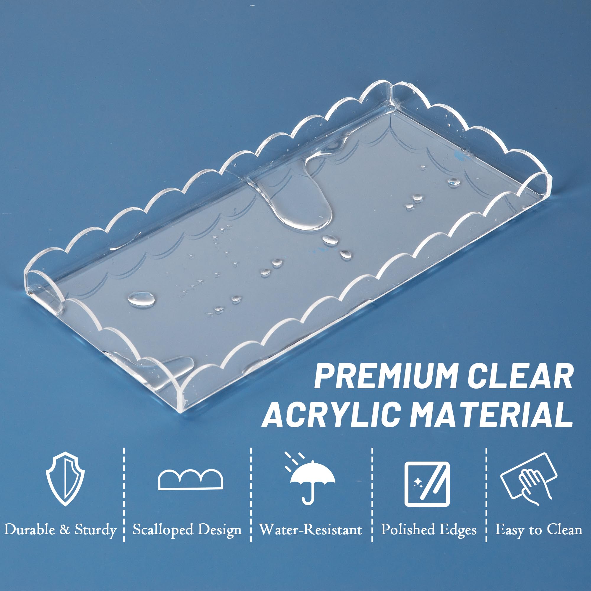 2 Pack Scalloped Acrylic Tray for Bathroom Clear Bathroom Trays for Counter Bathroom Toilet Tank Tray Organizer for Perfume, Soap, Towels, Tissue, Candle Decor Total 2PCS(Large: 11" L x 5" W, 2Pack) 2