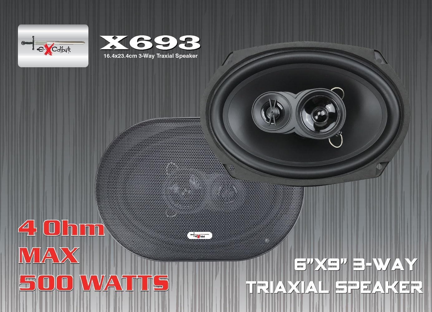 Excalibur X693 Altoparlanti Coassiali Auto 6x9 Pollici 3 Vie con 100W RMS e 500W Max, 4 Ohm, 90dB Sensibilità, Risposta 50Hz–20kHz, 75mm Profondità, Inclusi Griglie e Accessori di Montaggio