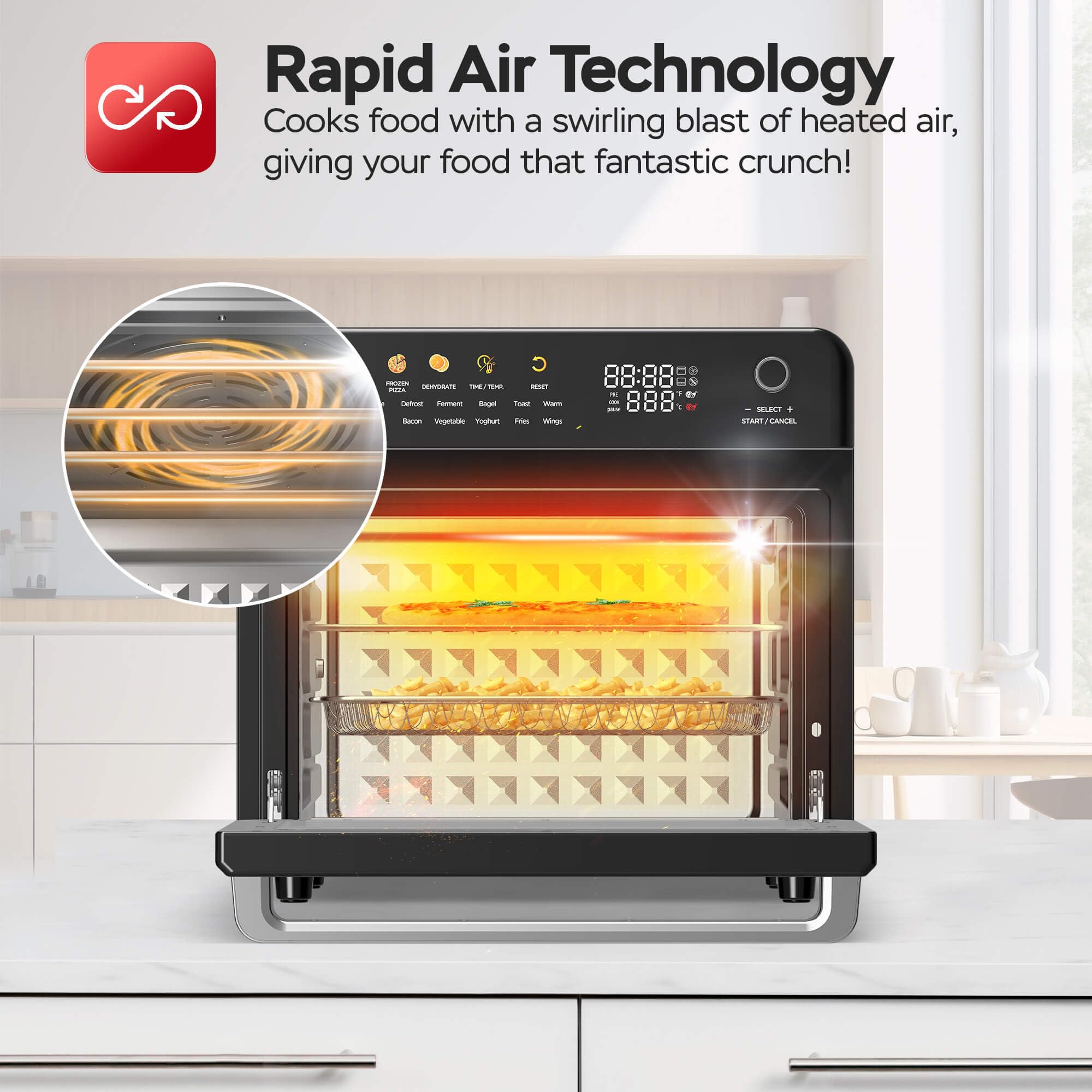 TurboTronic Multi-Smart-Ofen - 19in1 Heißluftofen & Heißluftfritteuse 2100W Power 34L bis 0,5 kg Pommes Mini-Backofen mit Dörrfunktion 40-230°C Grill Airfryer Dörrautomat schwarz