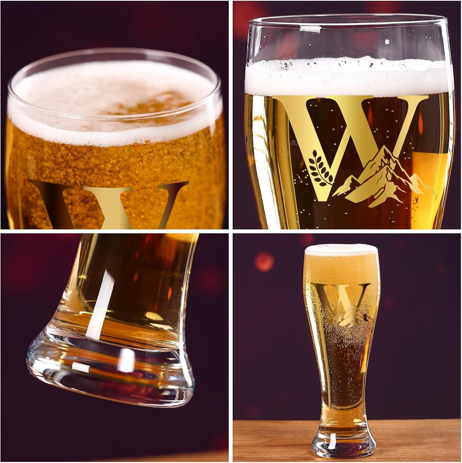 Personalized Mountain Monogram Beer Glass for Men - Custom Engraved Beer Cup with Wooden Coaster & Black Cylindrical Gift Tube, Birthday Father Anniversaries Gift for Dad, Husband & Him,W