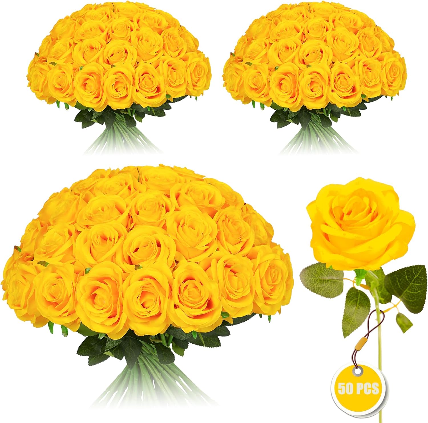 50PCS Artificial Silk Roses in Bulk & Bouquet Long Stem – Realistic Fake Roses for Wedding Centerpieces, Home Decor, Floral Arrangements, Party Decoration (Yellow)